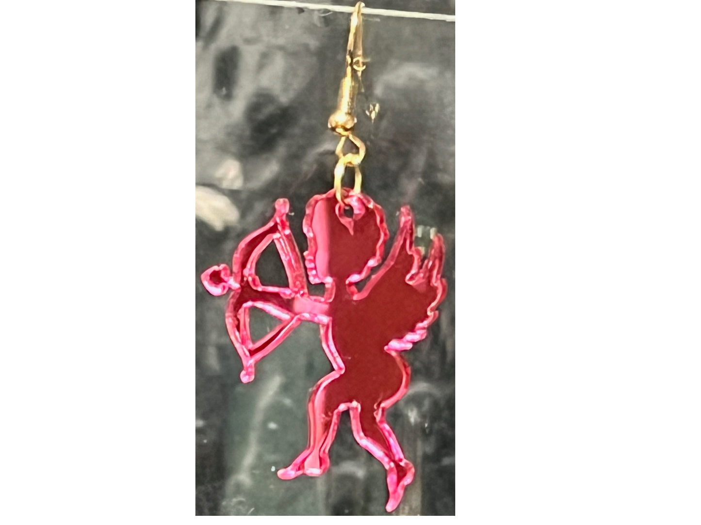 Cupid Dangle Earrings - Hot Pink Mirrored - 1/16" Acrylic - Gold Metal